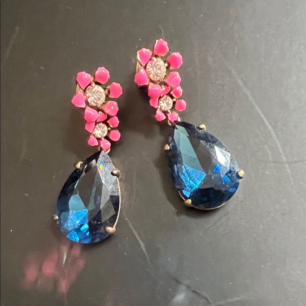 J. Crew Blue Teardrop Earrings with Pink Enamel Flower Accents